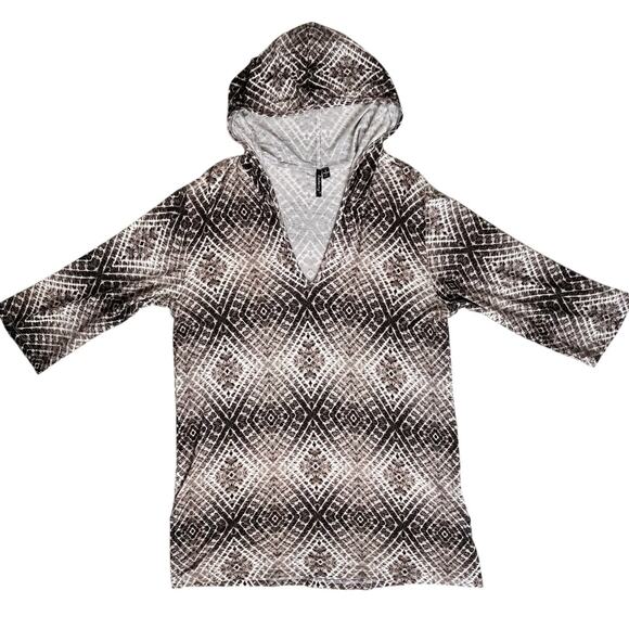 Porto Cruz Swimsuit Cover Up Small Black White Diamond Print Hooded Beach Shirt - Picture 2 of 10